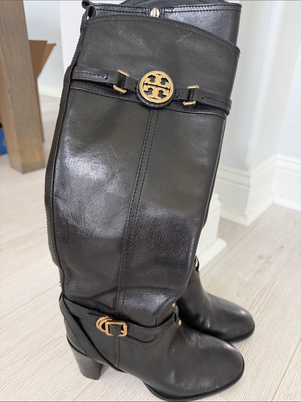 Tory Burch Black Leather Knee-High Boots with Gold Logo